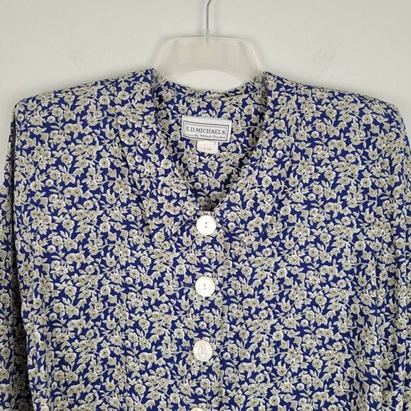 E.D. Michaels Size 5-6 Vintage Crop Blouse Buttons Long Sleeve Floral Blue - Picture 3 of 8
